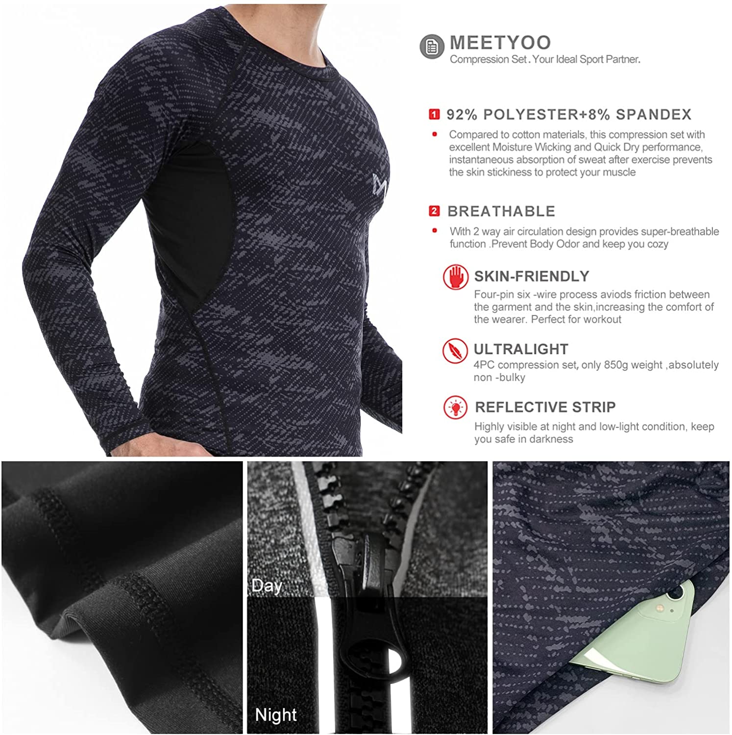 MEETYOO Tee Shirt Compression Homme Manche Longue, Baselayer Maillot  Running Vetement Fitness pour Sports Jogging Musculation